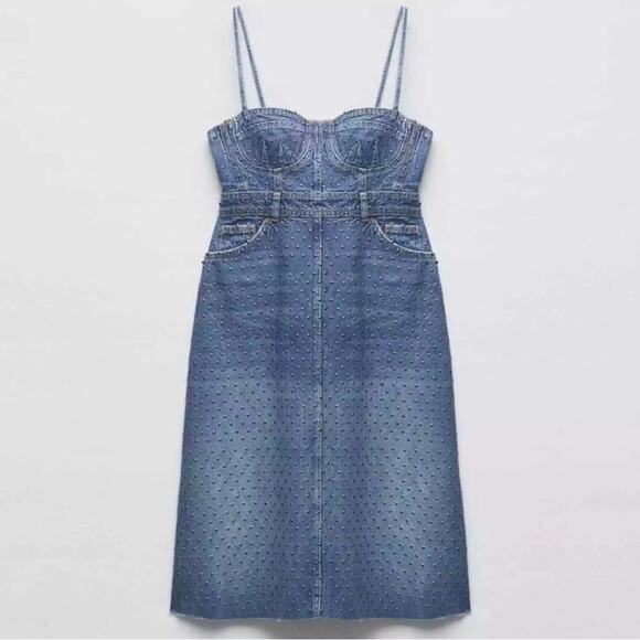 ZARA STUDDED DENIM BUSTIER DRESS - Picture 6 of 10